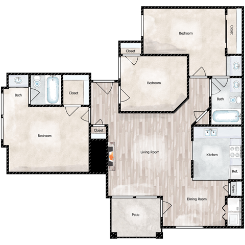 Floor plan for 3 beds, 2 baths, 1222 sqft